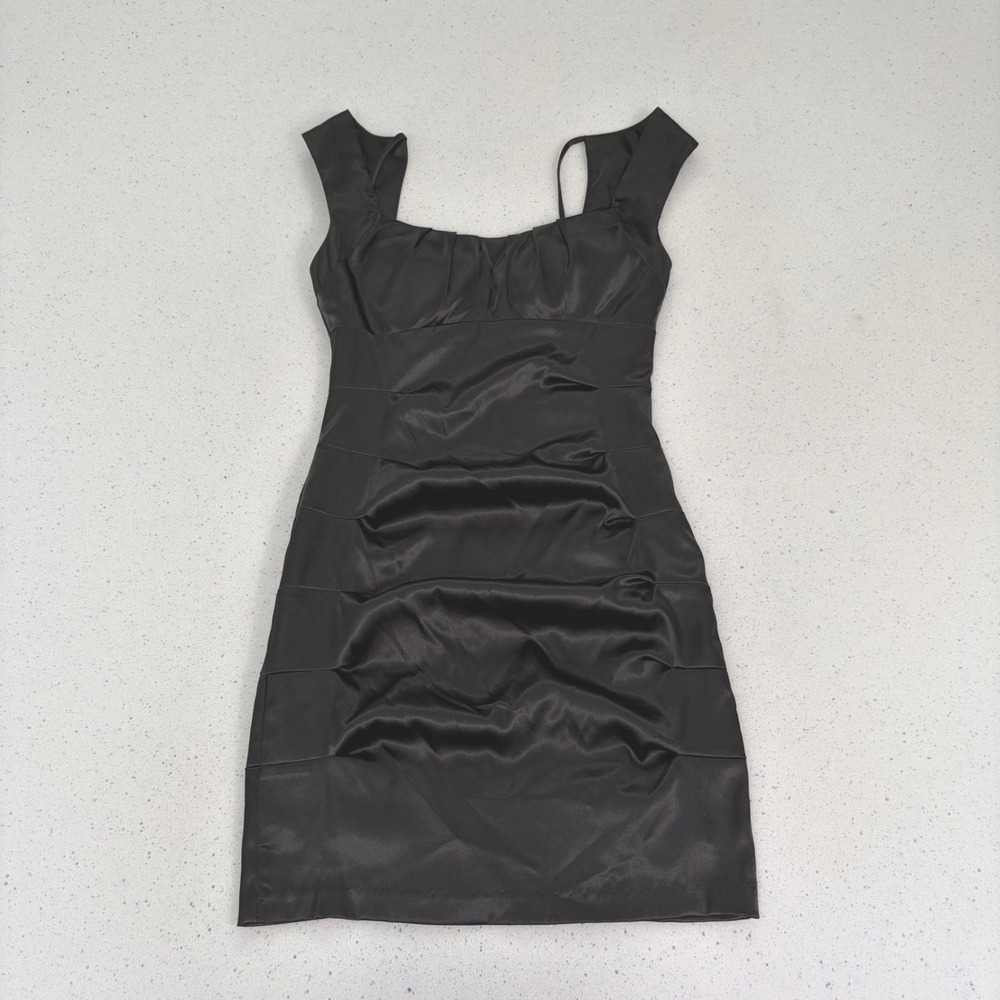 Y2K Black Satin Mini Dress‎ Ruched Bodycon Square Neck Party Club B. Darlin 3/4